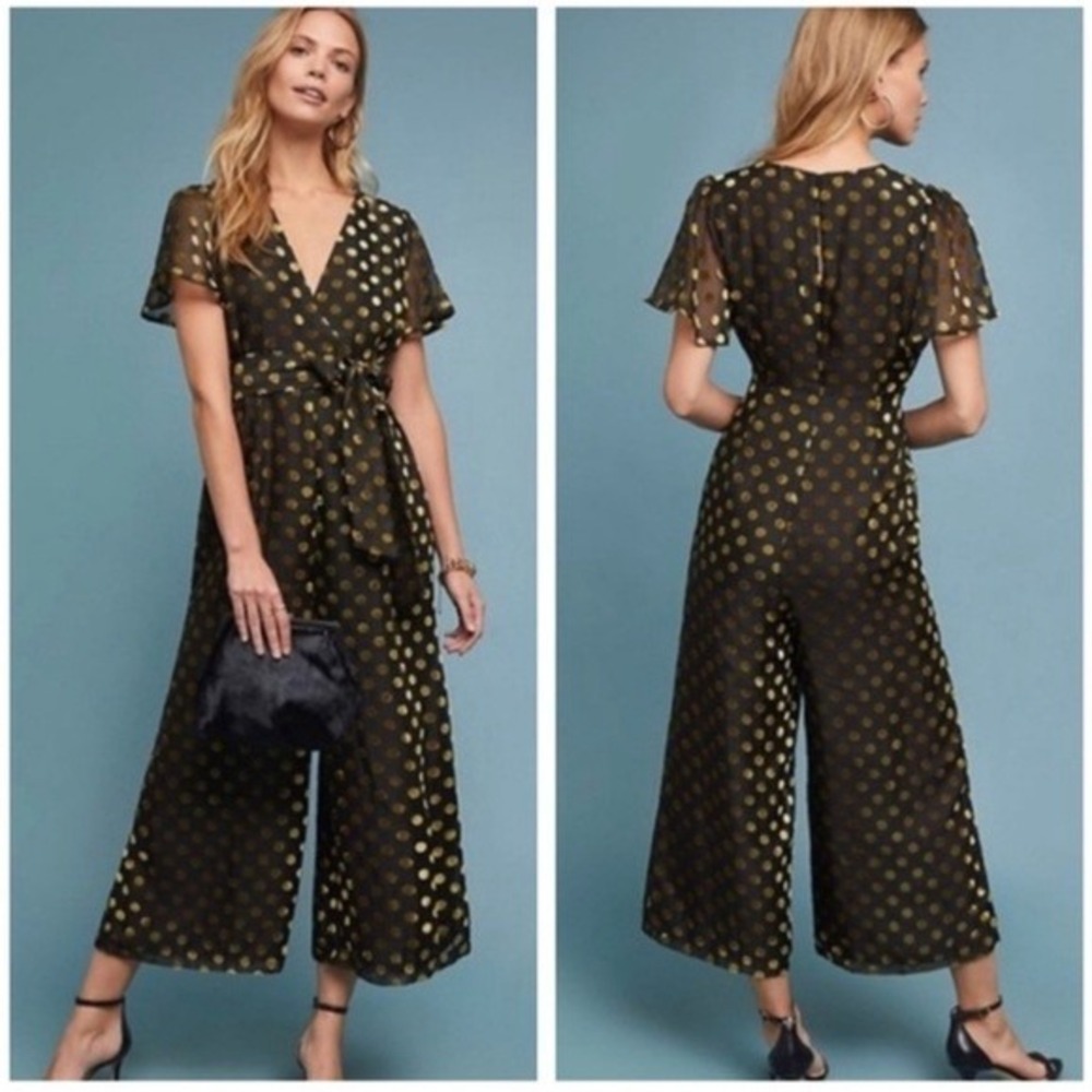 ASTR The Label Black Gold Velvet Polka Dot Wide Leg Jumpsuit V-Neck Large